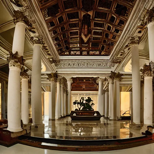 Prompt: Photograph of the massive interior lobby of a monumental building made from granite with wooden accents and plants. The building is a mixture of neoclassical architecture and ancient Indian architecture. Wide angle 35mm color film photograph