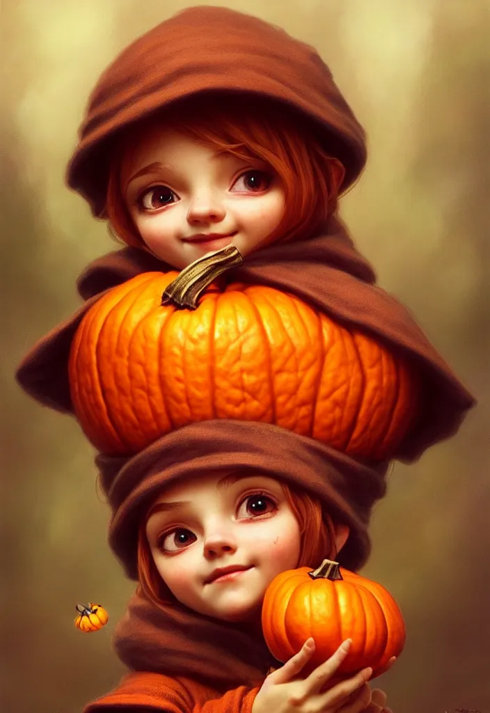 Image similar to hand drawn cute one gnomes face in autumn disguise holding pumpkin, detailed closeup face, concept art, low angle, high detail, warm lighting, volumetric, godrays, vivid, beautiful, trending on artstation, art by artgerm and greg rutkowski and alphonse mucha