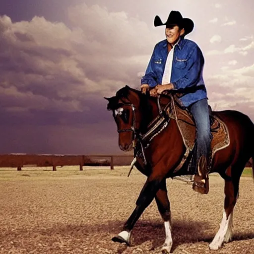 Prompt: george strait riding a horse holding his acoustic guitar,