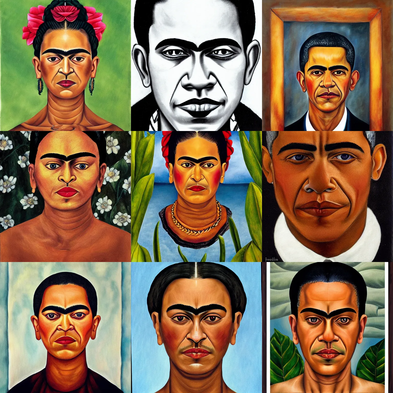 Prompt: headshot portrait of obama, highly detailed eyes by frida kahlo