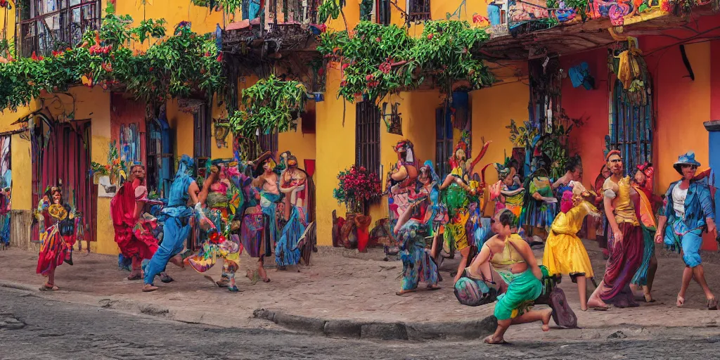 Prompt: An epic fantastic realism comic book style painting of the COLOMBIAN colonial town environment with beautiful houses, traditional dance in the street, exquisite bouquets from an colorfull culture, fisheye, unreal 5, DAZ, hyperrealistic, octane render, dynamic lighting