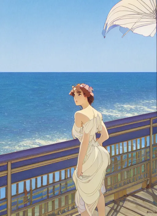 Image similar to pretty young woman leaning against the railing at the beach, path traced, highly detailed, high quality, digital painting, by studio ghibli and alphonse mucha, leesha hannigan, makoto shinkai, disney