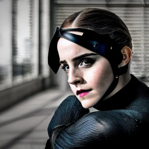 Image similar to Emma Watson as Catwoman, XF IQ4, f/1.4, ISO 200, 1/160s, natural light, Adobe Lightroom, DxO Photolab, polarizing filter, Sense of Depth, AI enhanced, AI rendered, HDR