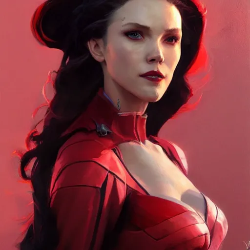 Image similar to greg manchess portrait painting of scarlet witch as overwatch character, medium shot, asymmetrical, profile picture, organic painting, sunny day, matte painting, bold shapes, hard edges, street art, trending on artstation, by huang guangjian and gil elvgren and sachin teng