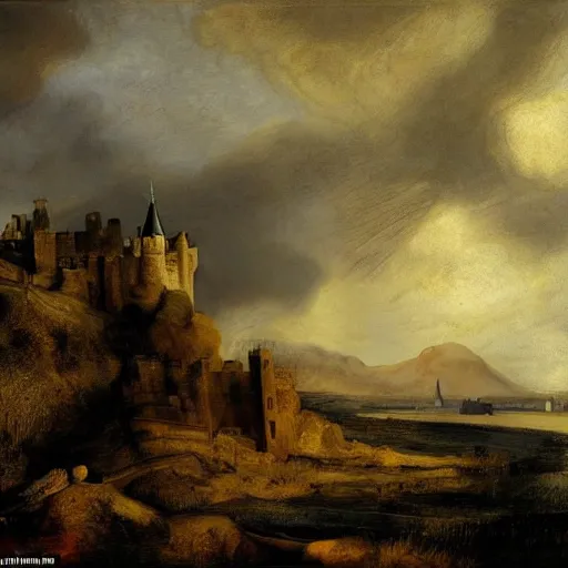 Prompt: Scottish scenery, with a gigantic castle on a hilltop surrounded by defense walls, overlooking the ocean, painted by Rembrandt