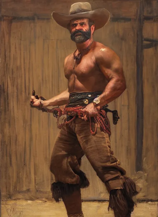 Image similar to Old west circus strongman (rdr2). Iranian orientalist portrait by john william waterhouse and Edwin Longsden Long and Theodore Ralli and Nasreddine Dinet, oil on canvas. Cinematic, hyper realism, realistic proportions, dramatic lighting, high detail 4k