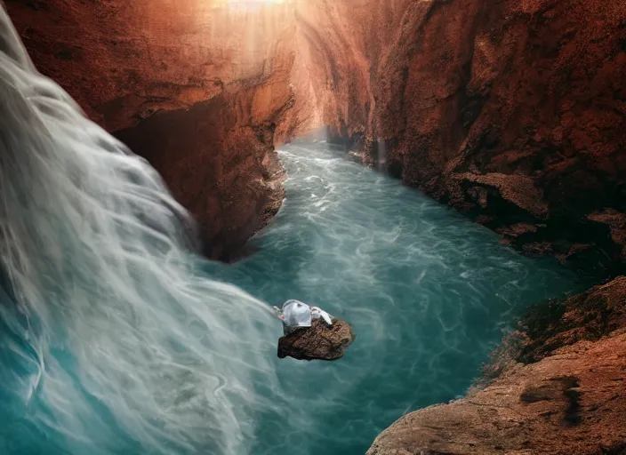 Prompt: a 2 8 mm macro photo of a man in flowing robes floating levitating over a huge canyon, splash art, movie still, bokeh, canon 5 0 mm, cinematic lighting, dramatic, film, photography, golden hour, depth of field, award - winning, anamorphic lens flare, 8 k, hyper detailed, 3 5 mm film grain, hazy