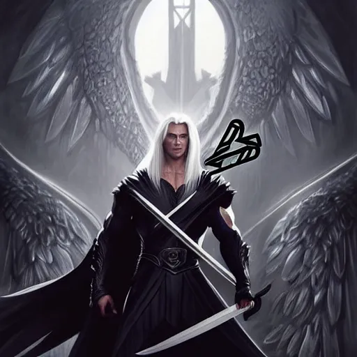 Image similar to Henry Cavill as Sephiroth with black wings, western, D&D, fantasy, intricate, elegant, highly detailed, digital painting, artstation, concept art, matte, sharp focus, illustration, art by Artgerm and Greg Rutkowski and Alphonse Mucha