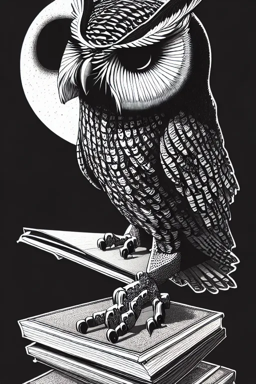 Prompt: side view of a majestic owl sitting on pile of books, high details, bold line art, by vincent di fate and joe fenton, inking, etching, screen print, masterpiece, trending on artstation, sharp, high contrast, hyper - detailed,, hd, 4 k, 8 k