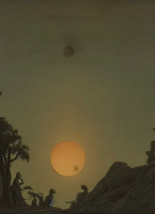 Image similar to three hazy backlit silhouettes of ancient greek venus observing an eclipse at dusk, painted by caspar david friedrich