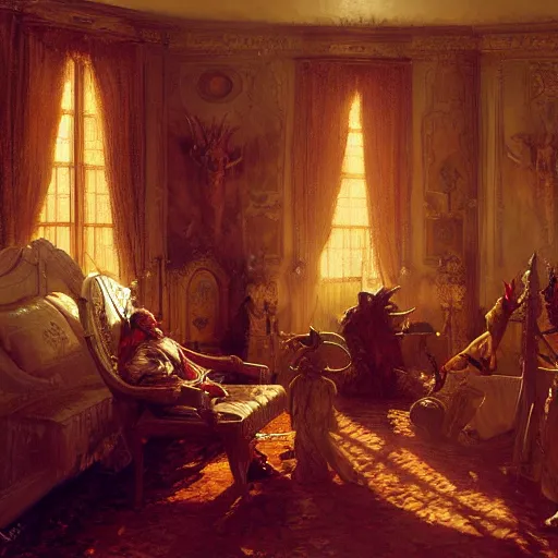 Prompt: the pope is in the papal bedroom, scared because a horned demon is attacking him. highly detailed painting by gaston bussiere, greg rutkowski, craig mullins 8 k