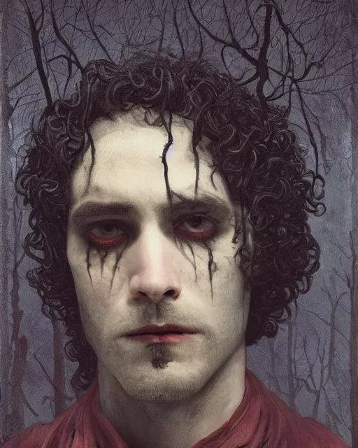 Prompt: a handsome but sinister and creepy man in layers of fear, with haunted eyes, violence in his eyes, curly hair, 1 9 7 0 s, seventies, delicate embellishments, a little blood, woodland, moonlight shining on wildflowers, painterly, crimson, offset printing technique, by alexandre cabanel