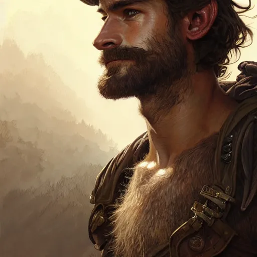 Prompt: portrait of a rugged ranger, full body, hairy torso, D&D, fantasy, intricate, elegant, highly detailed, digital painting, artstation, concept art, matte, sharp focus, illustration, art by Artgerm and Greg Rutkowski and Alphonse Mucha