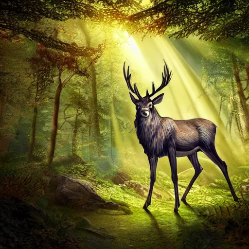 Prompt: photo of an hyper realistic arcanic, celestial highly detailed stag, in a magical highly detailed forest background. sunlight rays throught the trees.