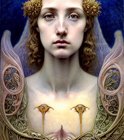 Image similar to detailed realistic beautiful young medieval queen of jupiter face portrait by jean delville, gustave dore and marco mazzoni, art nouveau, symbolist, visionary, gothic, pre - raphaelite. horizontal symmetry by zdzisław beksinski, iris van herpen, raymond swanland and alphonse mucha. highly detailed, hyper - real, beautiful