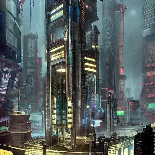 Image similar to scary headquarters for evil cyberpunk megacorporation