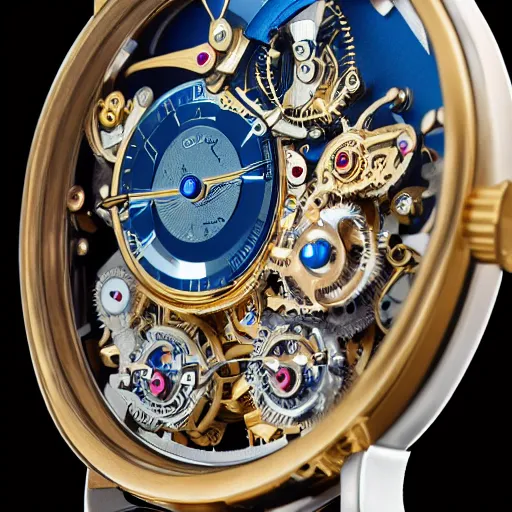 Prompt: a steampunk Jaquet Droz Skelet-One Tourbillon Only Watch reverse workings, highly detailed illustration highlights, gold and silver highlights, neon blue highlights, macro photography, F/2.8, trending on artstation, octane render