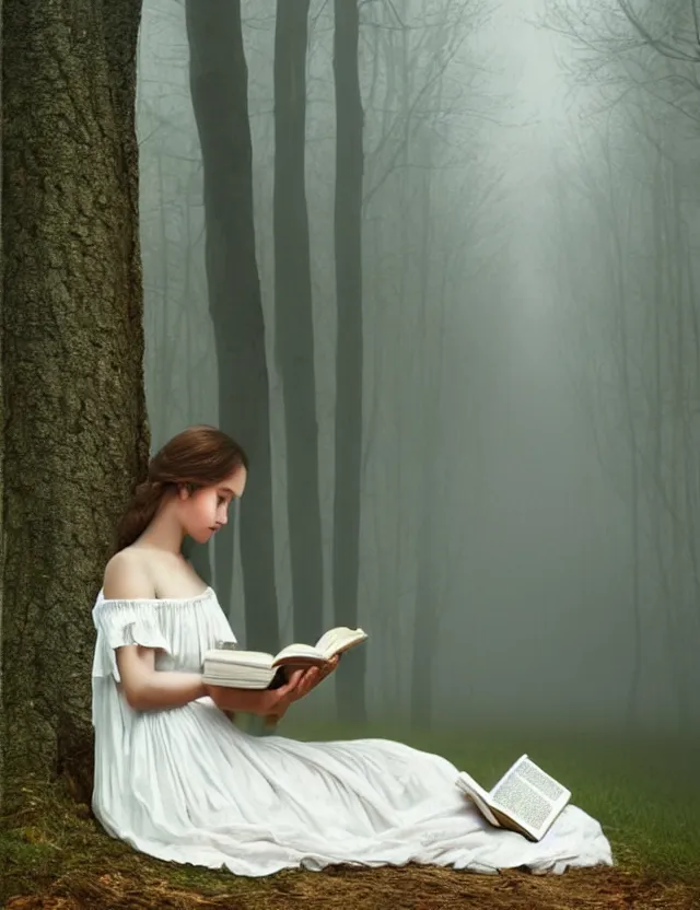 Prompt: beautiful peasant Girl in long white dress reading a book sitting on a tree in a foggy forest, Cinematic focus, Polaroid photo, vintage, neutral colors, soft lights, by Steve Hanks, by Serov Valentin, by lisa yuskavage, by Andrei Tarkovsky 8k render, detailed, oil on canvas