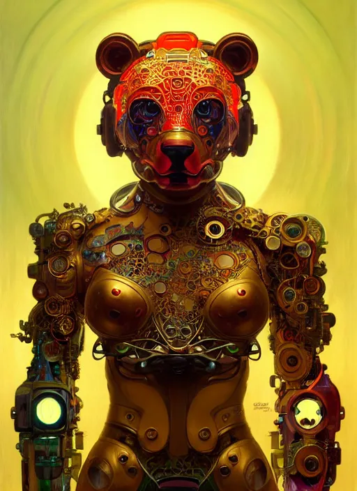 Image similar to organic cyborg, asian bright coloured bear mask opening, diffuse lighting, fantasy, intricate, elegant, highly detailed, lifelike, photorealistic, digital painting, artstation, illustration, concept art, smooth, sharp focus, art by John Collier and Albert Aublet and Krenz Cushart and Artem Demura and Alphonse Mucha