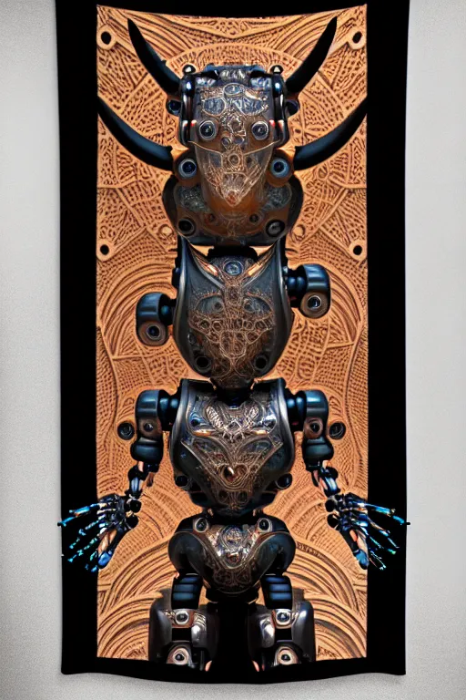 Image similar to a centered uncut fullbody frontview portrait of a robotic minotaur headed biomechanical creature by clogtwo and subjekt zero feat paul lewin and ø - cult. intricate detailed sharp clean textured very ornated. indian style tapestry design. hd. 4 k. lowbrow color palette