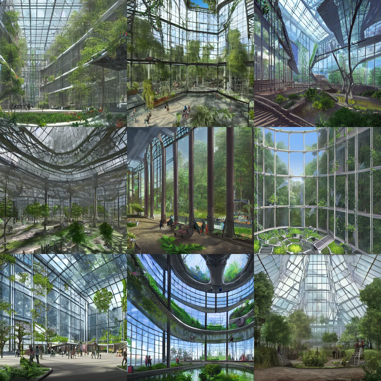 Prompt: Matte painting of the interior view of giant glass atrium. Ecopunk park. Fantastical, detailed digital art trending in artstation