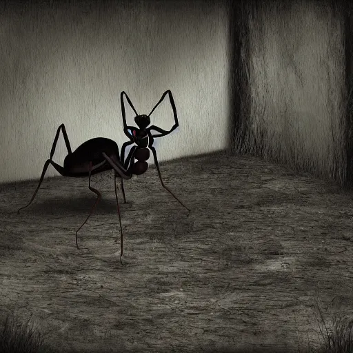 Image similar to ant in creepy scary nightmare atmosphere, realsitic