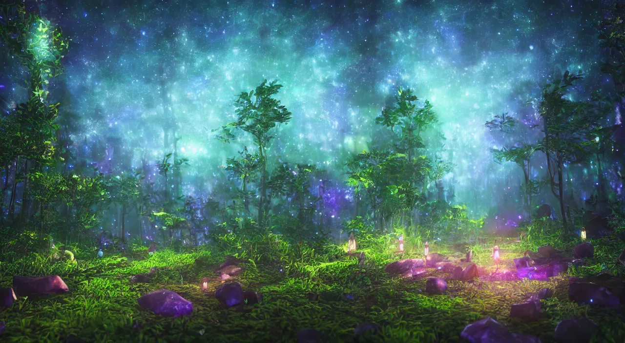 Image similar to A beautiful lush magic mana forest, night sky with dazzling stars, fairies, fireflies, bokeh, octane render, unreal engine, raytracing, crystallized, intricate, hyper detailed, light rays.