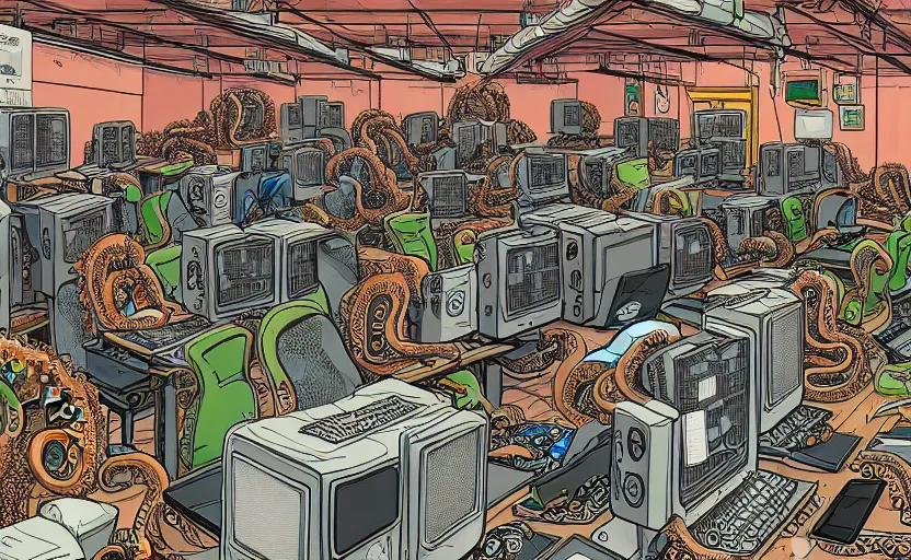 Prompt: hyper-detailed, intricate, illustration of a computer lab being overrun by tentacles, cyberpunk, high saturation, in the style of Geof Darrow