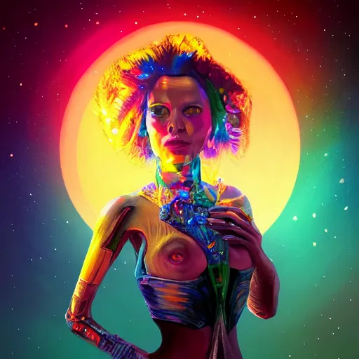 Image similar to colorful character portrait a woman in the desert at night, among the stars, set in the future 2 1 5 0, highly detailed face, very intricate, symmetrical, cinematic lighting, award - winning, painted by mandy jurgens, pan futurism, dystopian, bold colors, cyberpunk, groovy vibe, anime aesthetic, featured on artstation