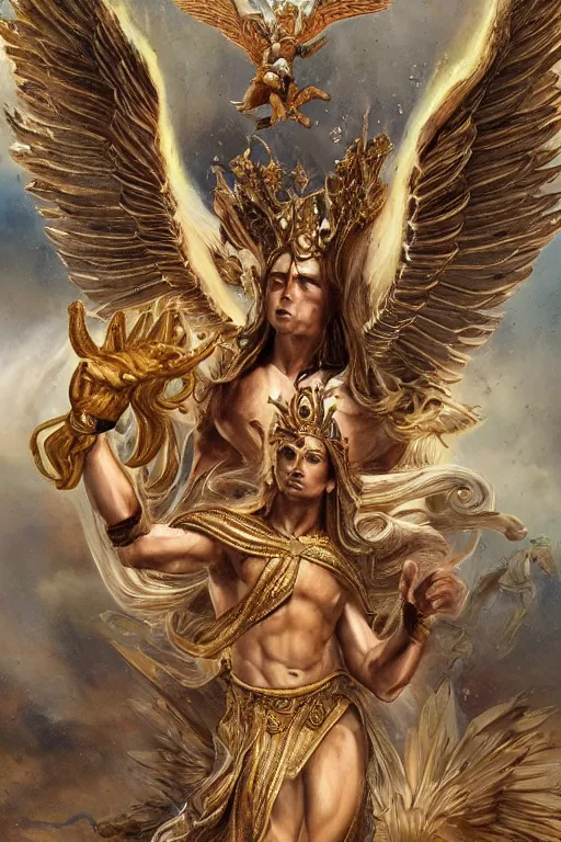 Prompt: a Chihuahua God with a radiant halo and wings, detailed face, gorgeous, flowing hair, very muscular male body, partial anatomy, stormy and grand war scene, delicate and intricate borders for decoration, caesar victorious, proud Emperor, split lighting, character close-up, intricate, highly detailed, 8K, digital painting, fantasy, concept art, sharp focus, art by greg rutkowski beeple and alphonse mucha