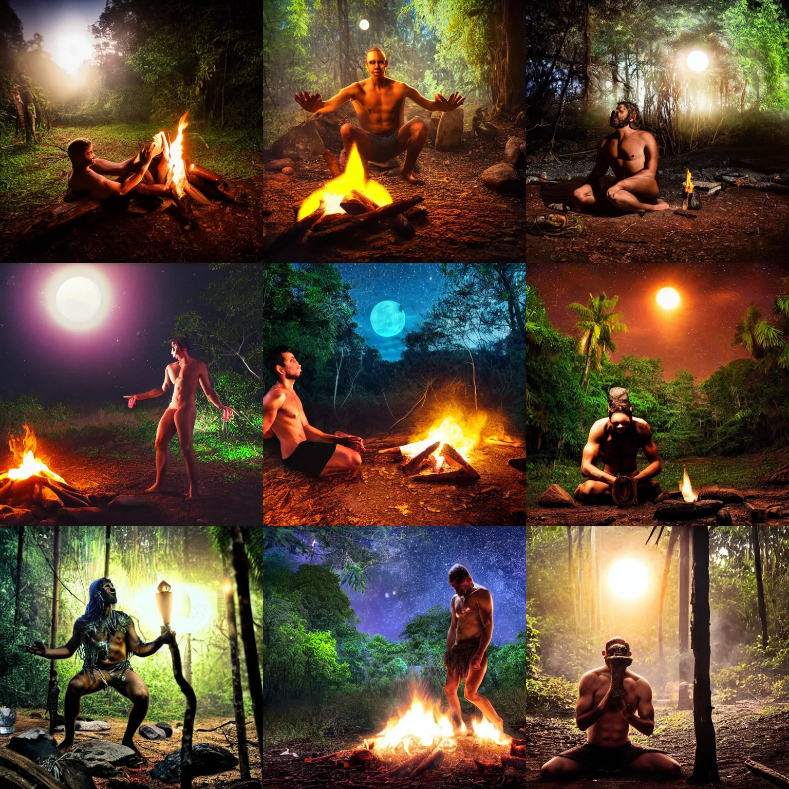 Prompt: spartan doing ayahuasca ritual at camp fire, jungle background, full moon with stars, hyper realistic award winning photographic portrait, dramatic cinematic lighting