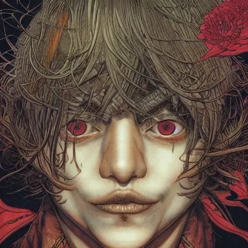 Image similar to portrait closeup of crazy peter pan, symmetrical, by yoichi hatakenaka, masamune shirow, josan gonzales and dan mumford, ayami kojima, takato yamamoto, barclay shaw, karol bak, yukito kishiro