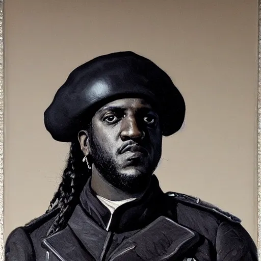 Image similar to Pusha T as a 1850s European army general naturalistic technique, bold brushwork, light and shadow, depth. Sense of movement H 576