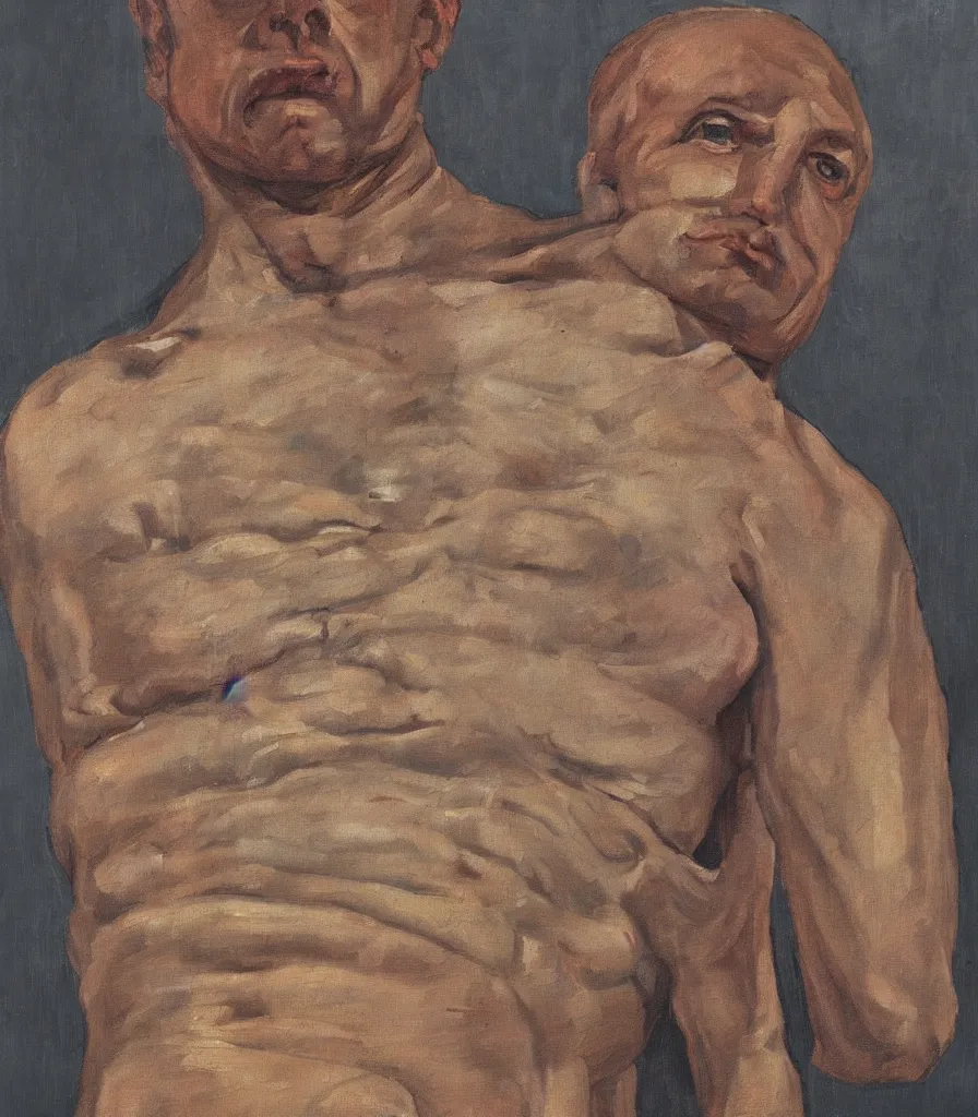 Image similar to medium close shot of a man without shirt in the style of lucian freud self portrait. oil painting, thick brush strokes. gray background. hard light from top. perspective from below. 5 0 mm