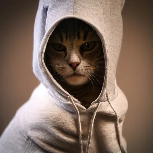 Prompt: cat with a hoodie with his hood on, profile pic