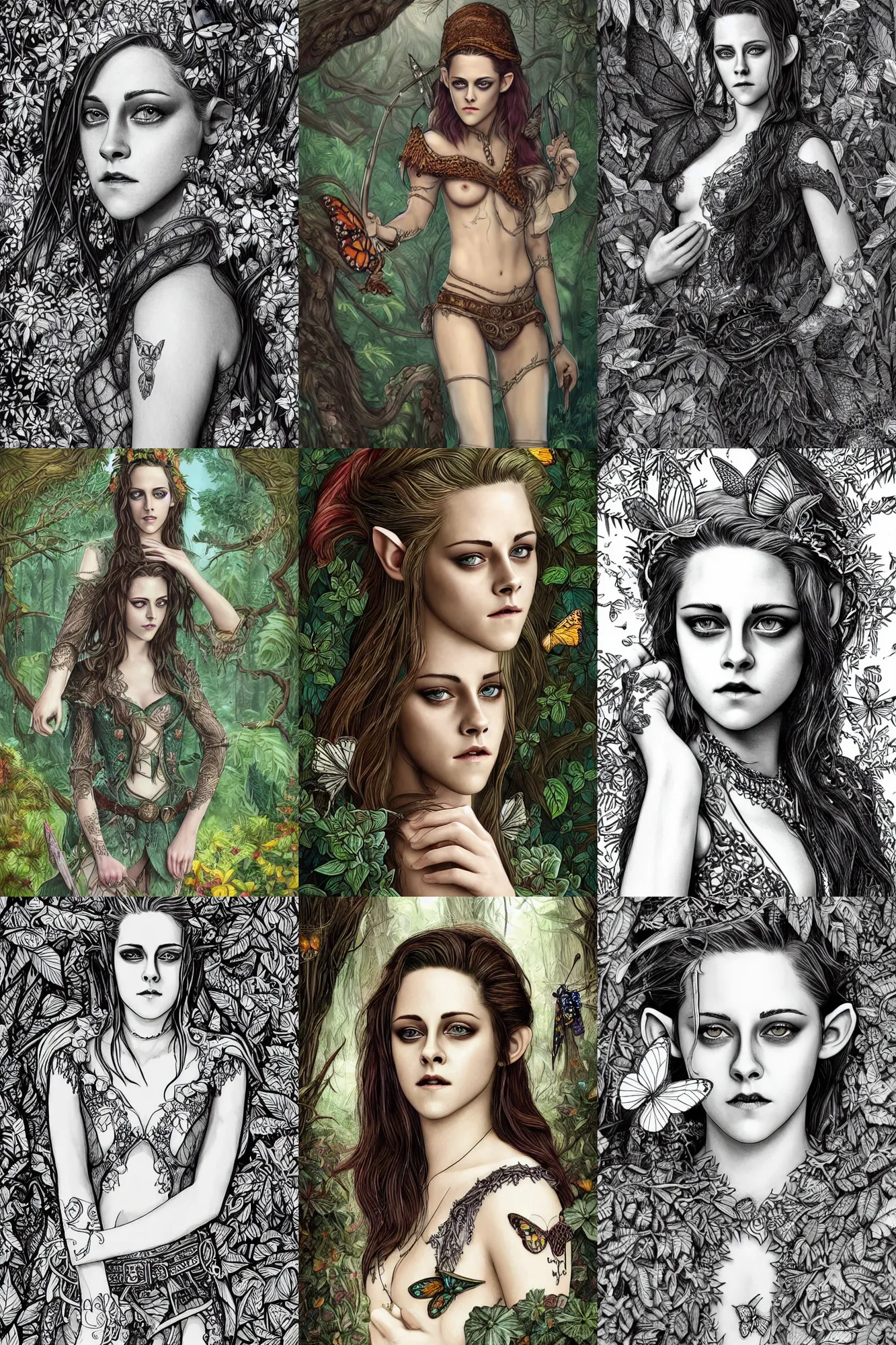 Prompt: alluring highly-detailed pen and ink illustration of an attractive young elf Kristen Stewart in a forest, a with a butterfly resting on her index finger, clothed in a chesty fantasy outfit, intricate, elegant, highly detailed, colorful, digital painting, trending on Artstation, concept art, smooth, sharp focus, illustration, in the style of artgerm and greg rutkowski and alphonse mucha