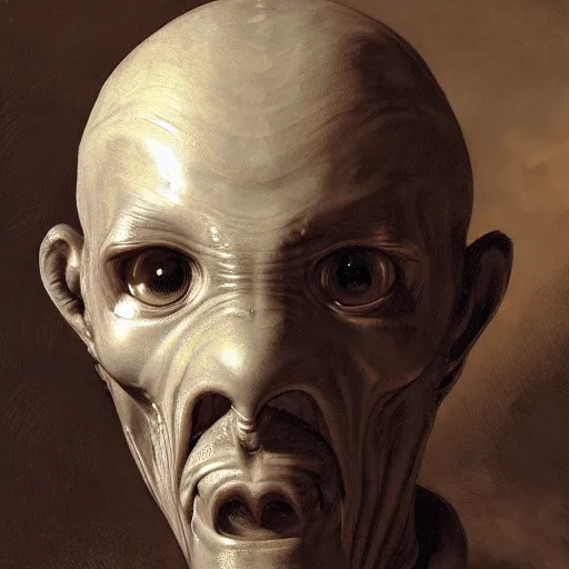 Image similar to male gray alien portrait, extraterrestrial by andreas achenbach