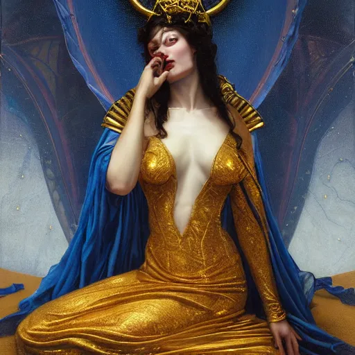 Image similar to highly detailed oil painting | very intricate | cinematic lighting | award - winning | the goddess babalon wearing a gold and blue dress | by roberto ferri, by tom bagshaw, by j. c. leyendecker and klimt, beautiful cinematic light, american romanticism, by austin osman spare, artstation, cgsociety, official art, octane