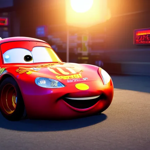 Prompt: lightning mcqueen ray - tracing render, unreal engine, 3 d, atmospheric light, godrays, award - winning, maya, blender