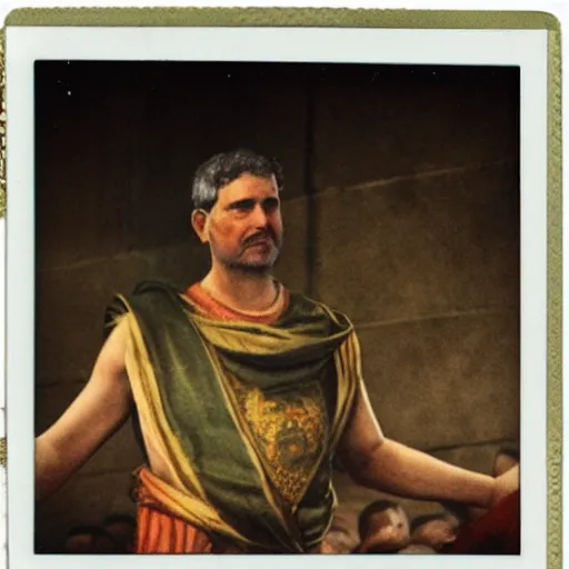 Prompt: Polaroid picture of a Roman consul during a political speech in Ancient Rome, photography, hyper detailed, colourised