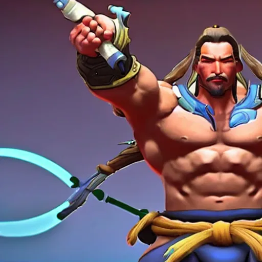 Image similar to a screenshot of arnold schwarzenegger as hanzo in overwatch