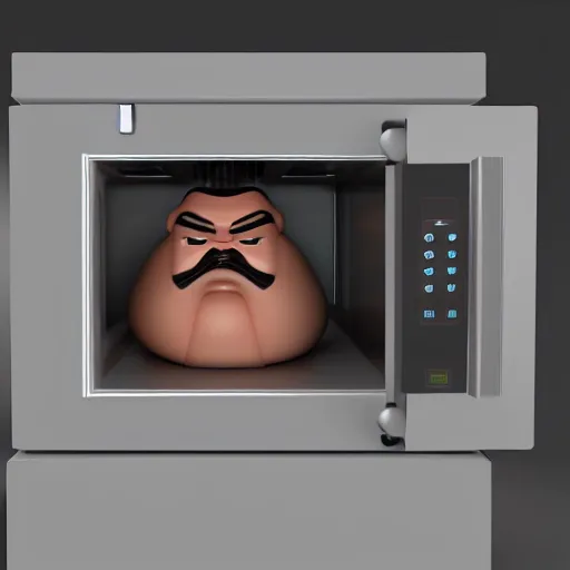 Prompt: 3 d render of a sumo wrestler trapped inside of a microwave