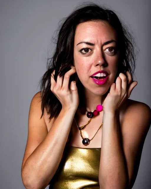 Prompt: 35mm macro photograph Beautiful aubrey plaza, flirting expression, wearing a camisole, vibrant high contrast, octane, arney freytag, Fashion photo shoot,, glamorous, gold necklace, shot in the photo studio, backlit, rim lighting, 8k