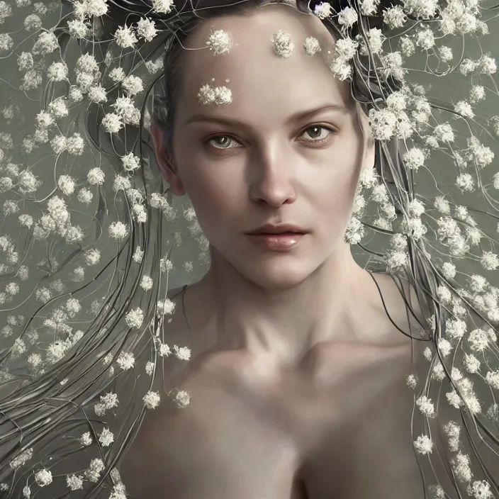 Prompt: hyperrealist portrait of a 2 0 4 4 space sport engineer, it is decorated with long white wires and white flowers that fall like vines and wears a huge computer crown by roberto ferri, fantasy art, photo realistic, dynamic lighting, unreal engine rendered, artstation, poster, dramatic light, very detailed faces, - 8 k, award winning