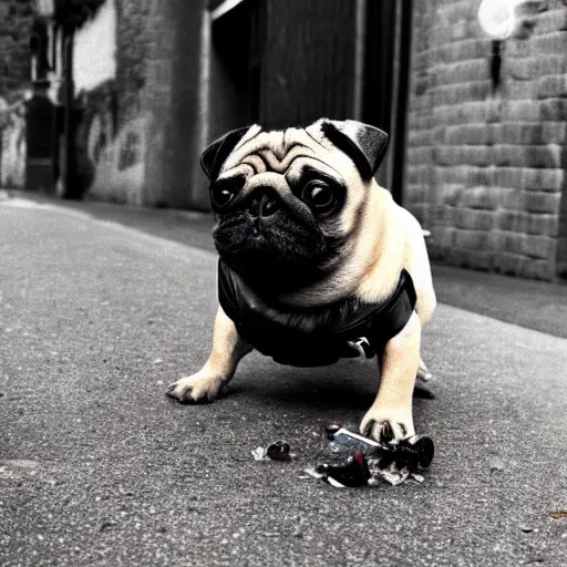 Prompt: photograph of a pug wearing a leather jacket smoking a cigarette