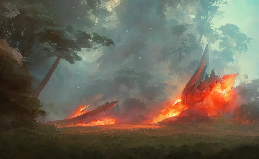 Prompt: a spaceship on fire and smoke crashed in a forest, smoke and fire. By Makoto Shinkai, Stanley Artgerm Lau, WLOP, Rossdraws, James Jean, Andrei Riabovitchev, Marc Simonetti, krenz cushart, Sakimichan, trending on ArtStation, digital art.