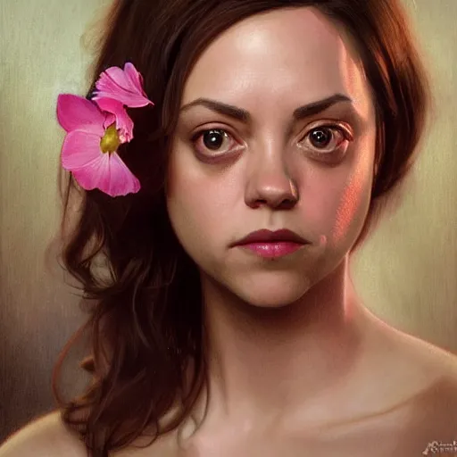 Image similar to pink petals with a ahape of a wonderful aubrey plaza and christina ricci, intricate, elegant, highly detailed, wonderful eyes, sweet, digital painting, artstation, concept art, smooth, sharp focus, illustration, art by artgerm and greg rutkowski and alphonse mucha and william - adolphe bouguereau