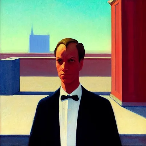 Image similar to portrait of a man standing in front of a tall building, by Edward Hopper and James Gilleard, highly detailed