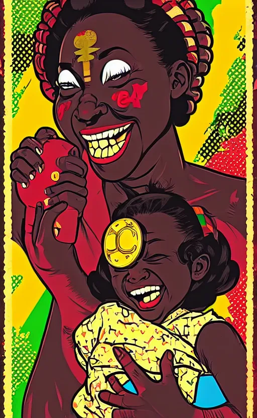 Prompt: mama africa laugh at her child!!! pop art, pixel, bioshock, gta chinatown, artgerm, richard hamilton, mimmo rottela, julian opie, aya takano, hyperdetailed, intricate