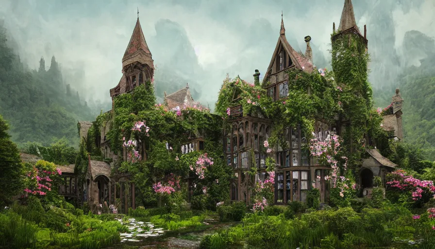 Image similar to Realistic image of a small Neo-Gothic manor covered by flowers in a middle of green mountains with waterfalls in the background, hyperdetailed, artstation, cgsociety, 8k